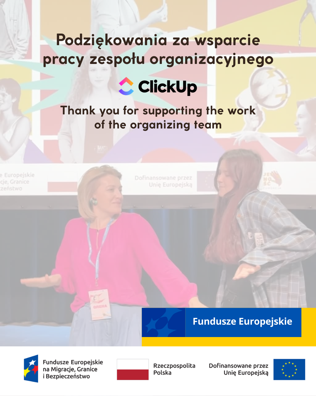 Thank-you graphic for ClickUp for supporting the conference organising team